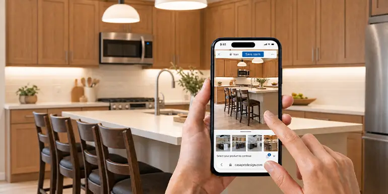 CasaPro mobile app showing AI kitchen design preview in a real kitchen
