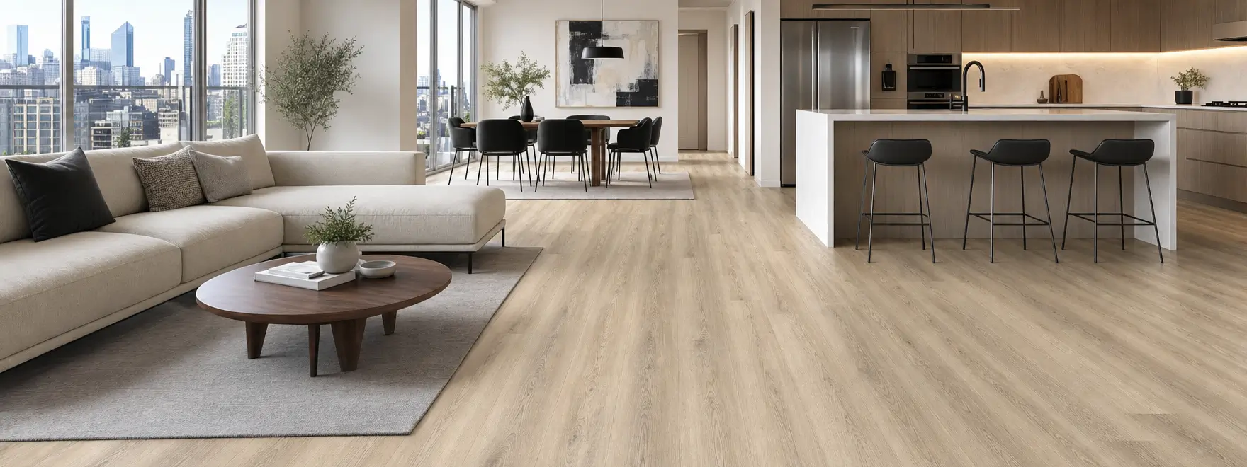 Light flooring in a modern apartment living and dining area