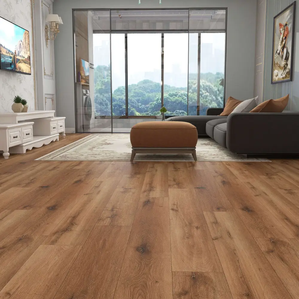 Barcelona waterproof SPC vinyl plank flooring in a warm oak living room scene