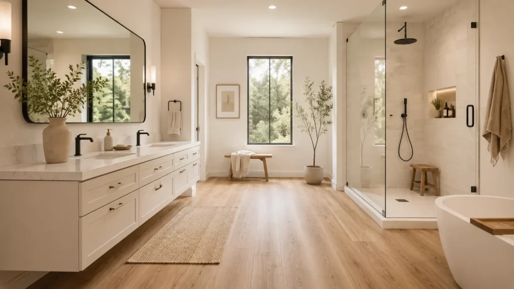 Bright California-style bathroom with wood-look flooring, white vanity, frameless shower, large mirror, and warm natural lighting.
