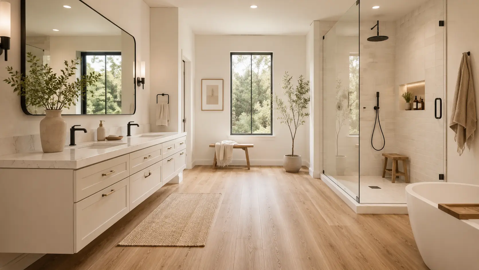 Bright California-style bathroom with wood-look flooring, white vanity, frameless shower, large mirror, and warm natural lighting.