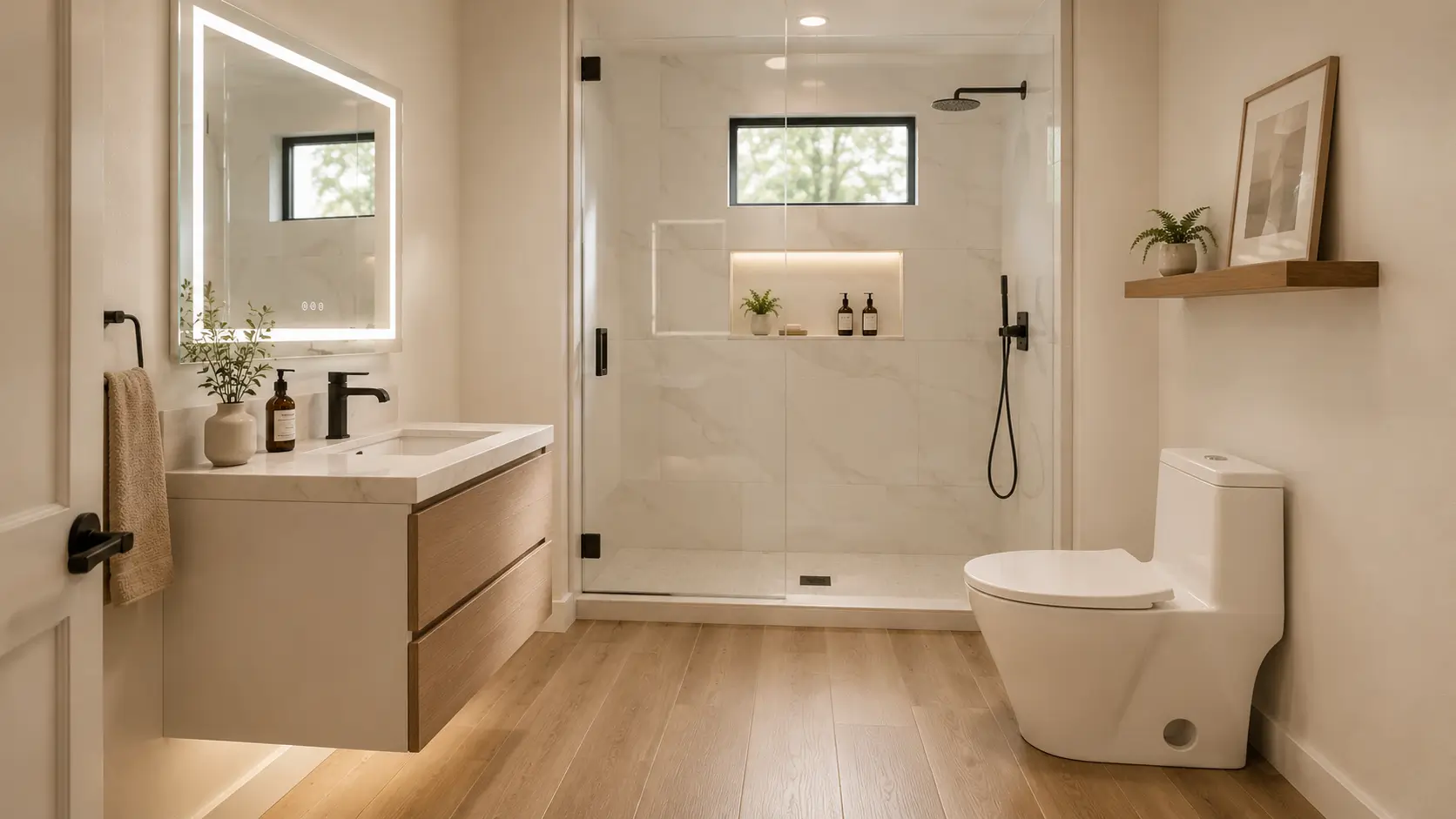 Small bathroom remodel idea featuring a floating vanity, glass shower door, large mirror, and wood-look flooring designed to make the space feel bigger.