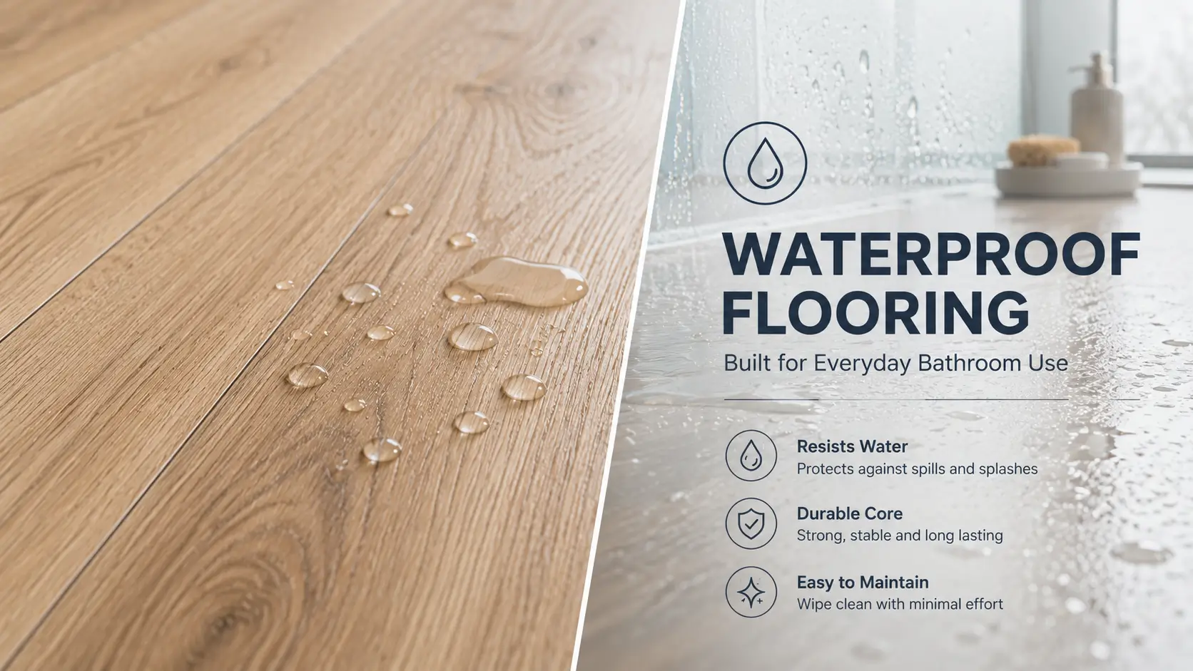 Waterproof SPC wood-look flooring with water droplets, demonstrating moisture resistance and easy maintenance for bathroom remodels.