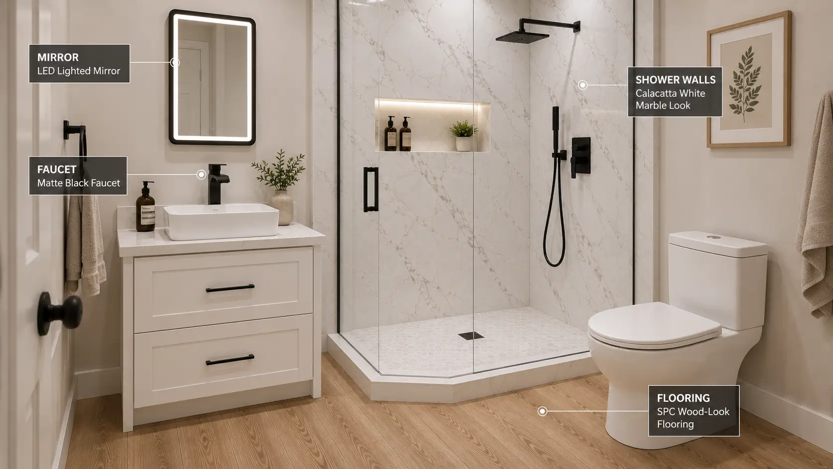 Bathroom material combination with marble-look shower walls, black faucet, LED mirror, and waterproof wood-look flooring for a cohesive remodel design.
