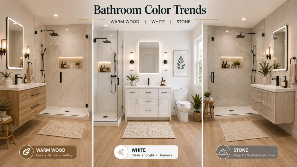 Comparison of warm wood, white, and stone bathroom color trends featuring wood-look flooring, modern vanities, glass showers, and coordinated finishes.