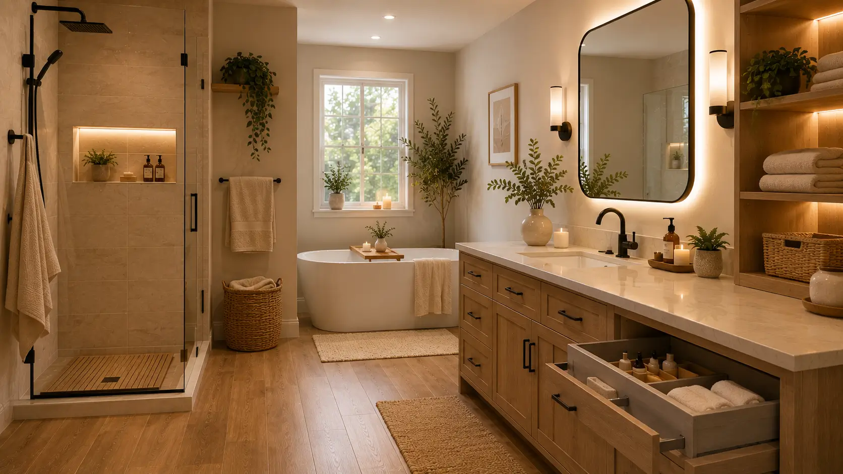 Bathroom designed for everyday comfort with practical storage, warm lighting, durable surfaces, and wood-look flooring.