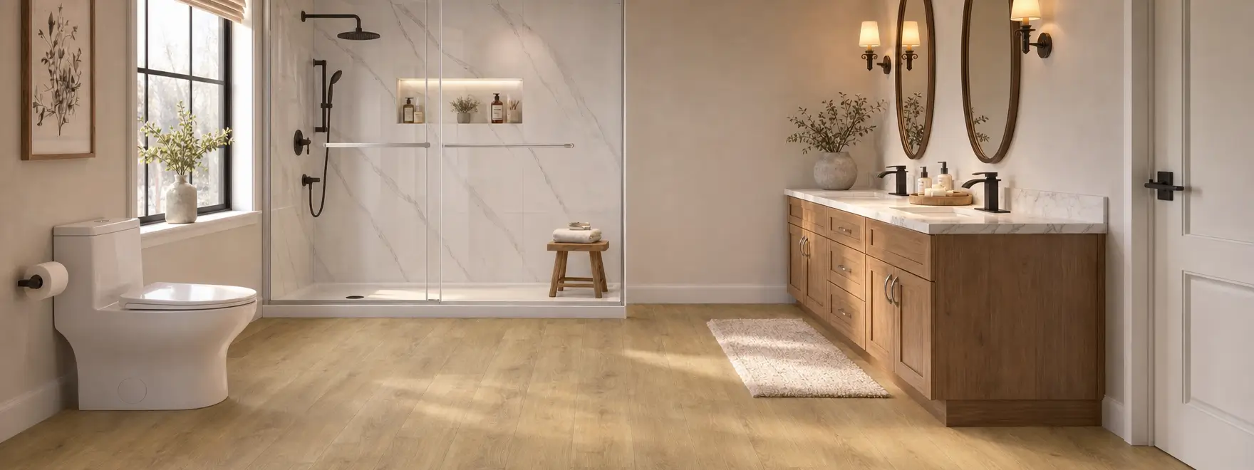 Wood-look flooring in a modern bathroom with shower and vanity