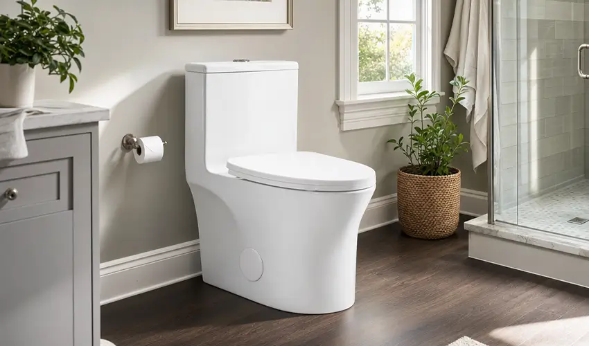 Modern one-piece white toilet beside a glass shower enclosure