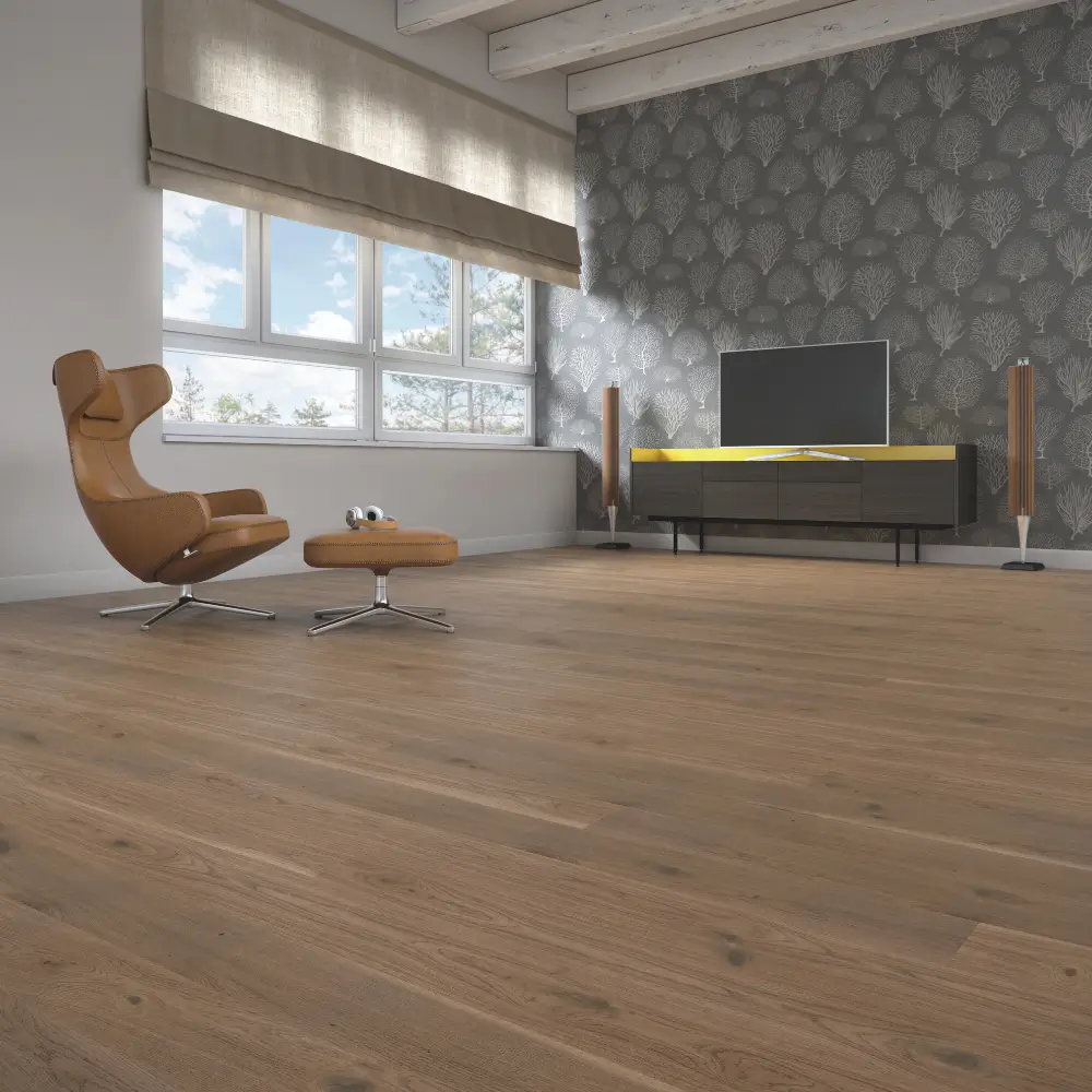 14mm European oak 3-layer engineered wood flooring installed in a modern living room