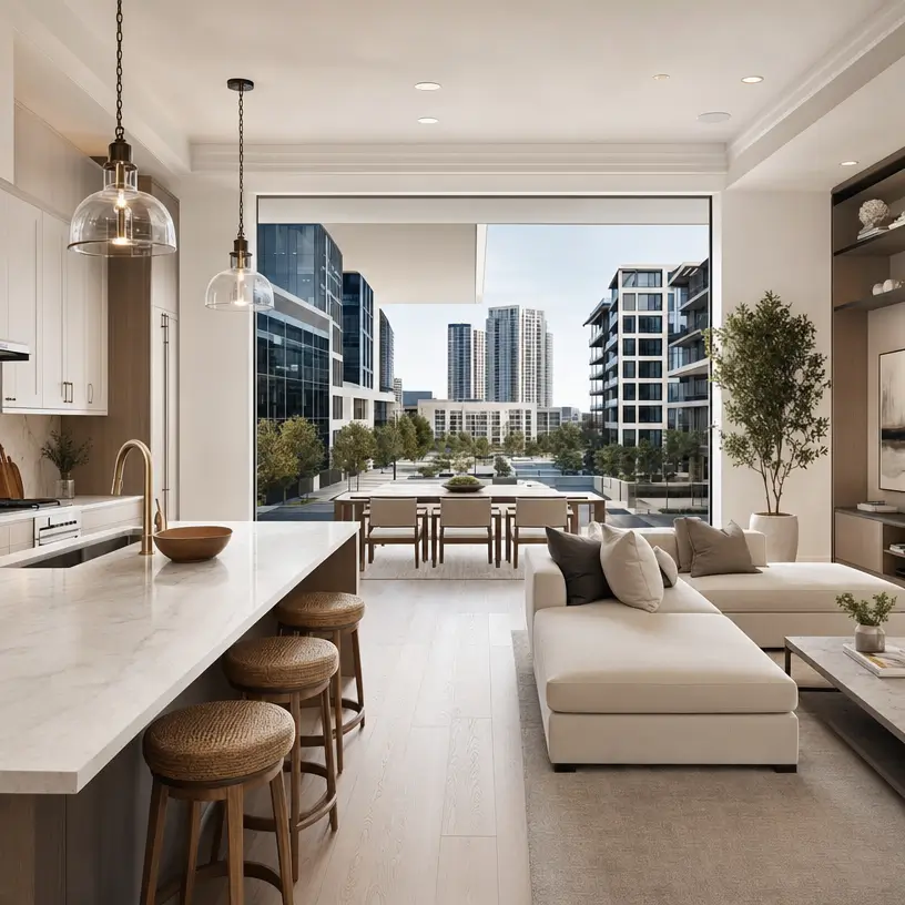Modern residential interior with kitchen, living area, and city view for remodeling project support