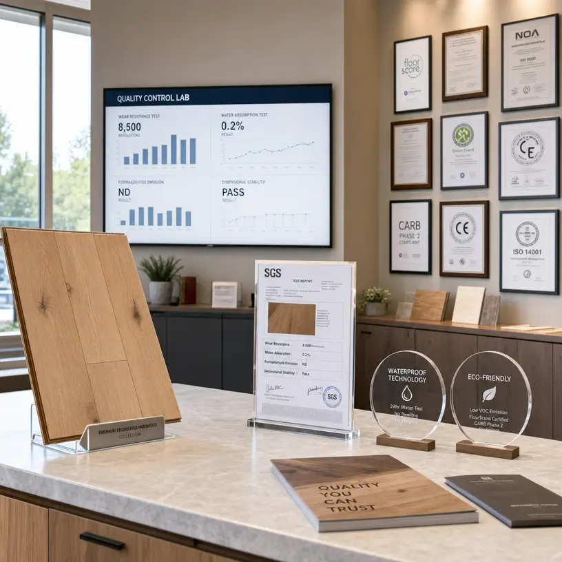 CasaPro product quality control display with flooring sample, test report, and certification documents