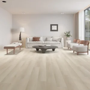 Light cream oak 8mm SPC flooring installed in a minimalist living room