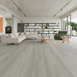Light gray oak 8mm SPC flooring installed in a bright living room with shelves