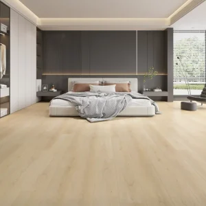 Pale beige oak 8mm SPC flooring installed in a modern dining room