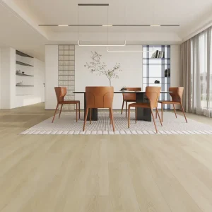 Light honey oak 8mm SPC flooring in a scenic dining room