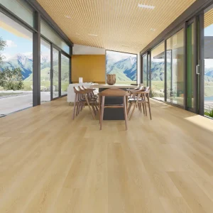 Light natural oak 8mm SPC flooring installed in a bright sitting room