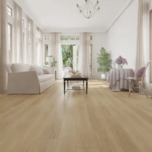 Warm greige oak 8mm SPC flooring installed in a modern open living room