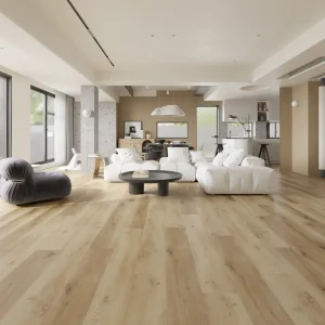 Dark charcoal gray 8mm SPC flooring installed in a modern living room