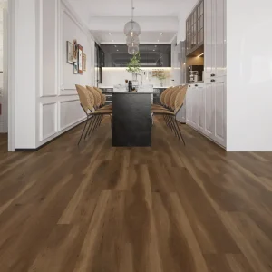 Warm walnut brown 8mm SPC flooring installed in a kitchen and dining space