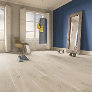 Light European oak 3-layer engineered wood flooring installed in a bright interior room