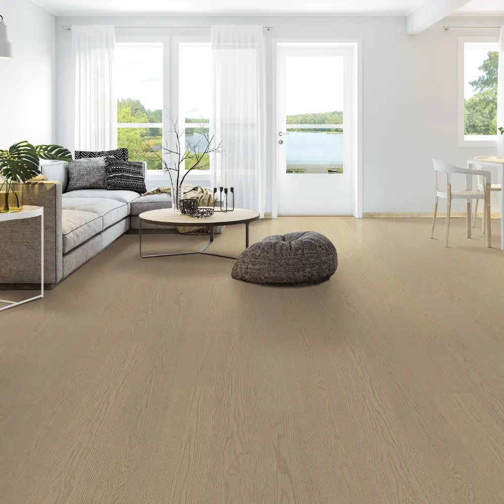 Bright living room with 14mm Red Oak engineered wood flooring in a light taupe beige finish