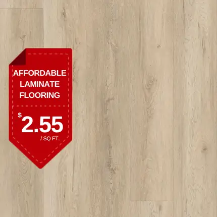Driftwood Bay laminate flooring promotional graphic at $2.55 per sq. ft.