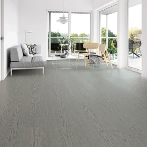 Minimalist interior with 14mm Red Oak engineered wood flooring in a cool gray finish