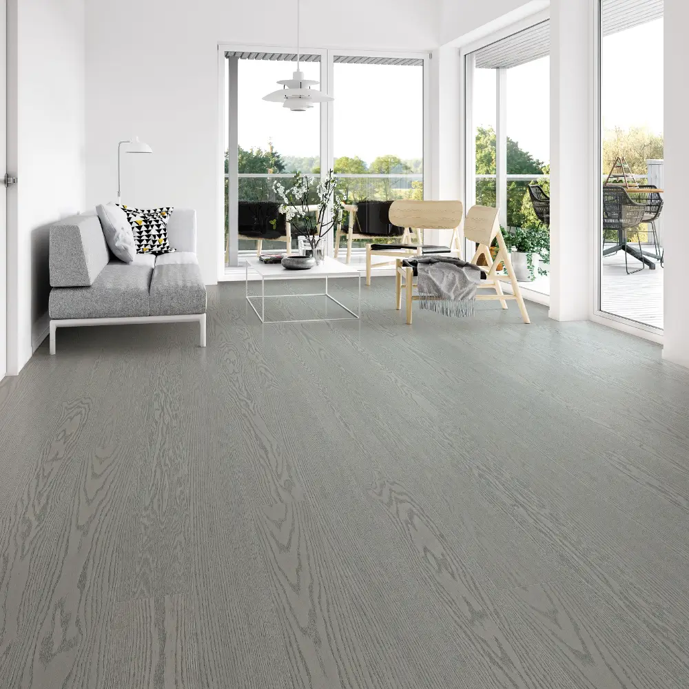 Minimalist interior with 14mm Red Oak engineered wood flooring in a cool gray finish