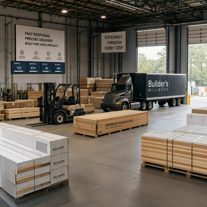 Building materials warehouse with forklift, delivery truck, and project-ready inventory