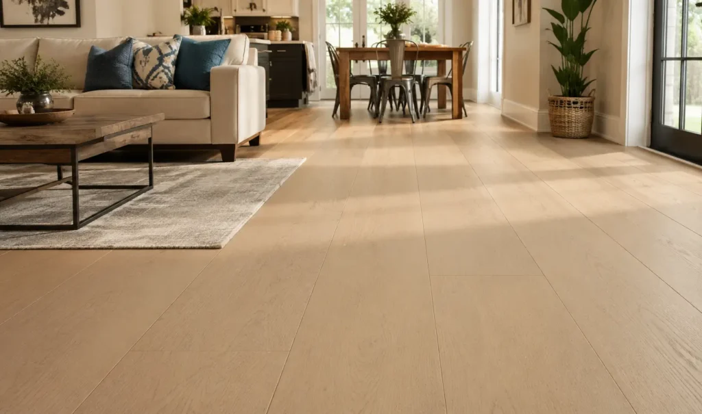 Light wood-look flooring installed throughout an open-concept living and dining room