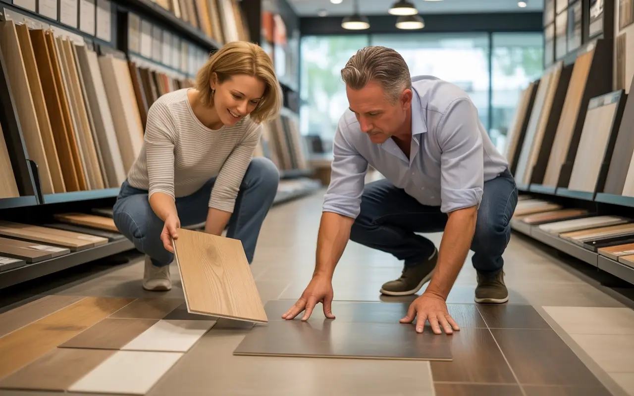 homeowners choosing flooring samples in showroom