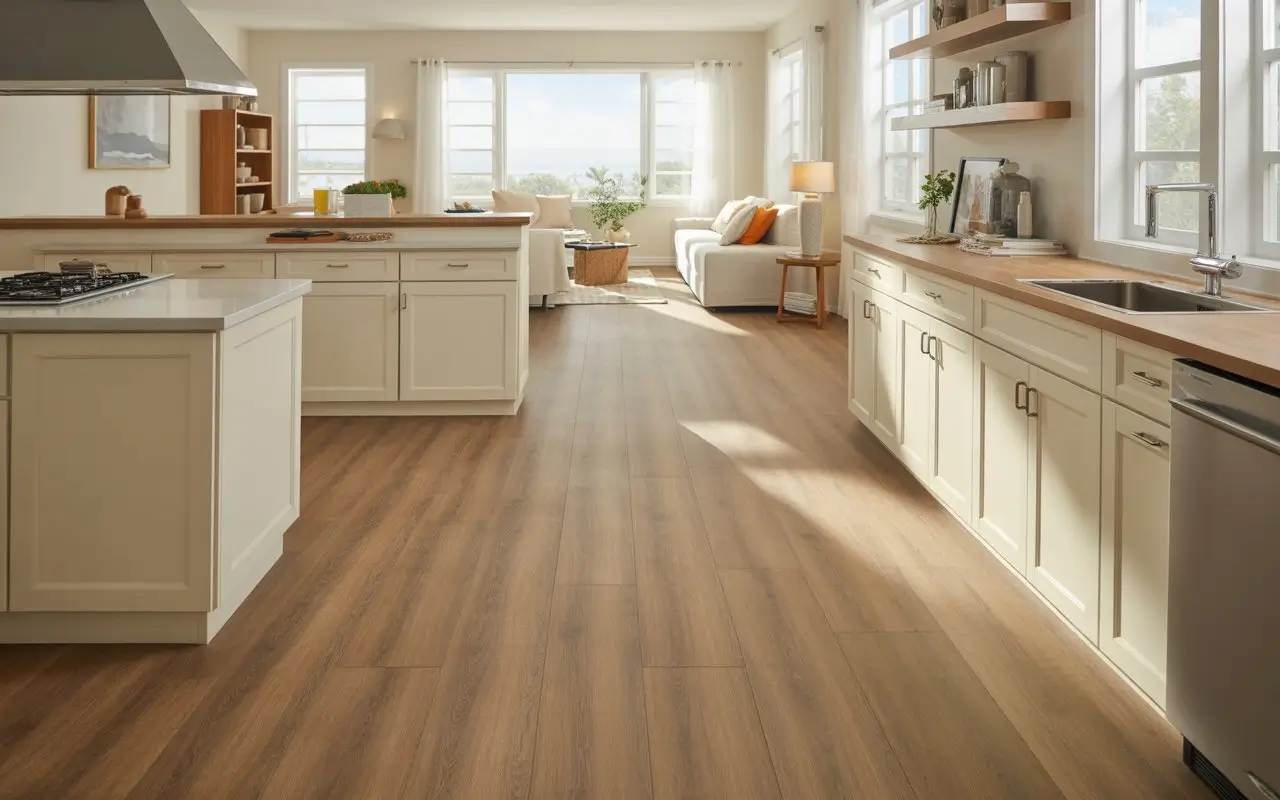 modern open-concept kitchen with wood-look flooring