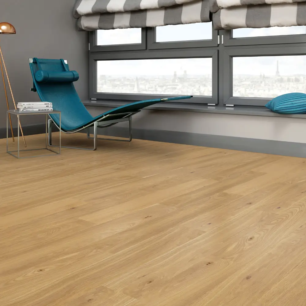 Natural golden European oak 3-layer engineered wood flooring in a modern lounge area