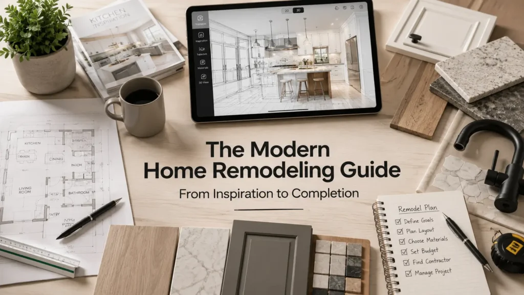 Modern home remodeling planning process with design inspiration, material samples, renovation plans, and project coordination tools.