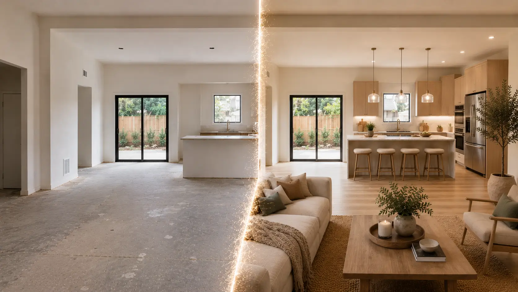 Before-and-after home remodeling visualization showing an unfinished living room and kitchen transformed into a completed California Organic Modern design.