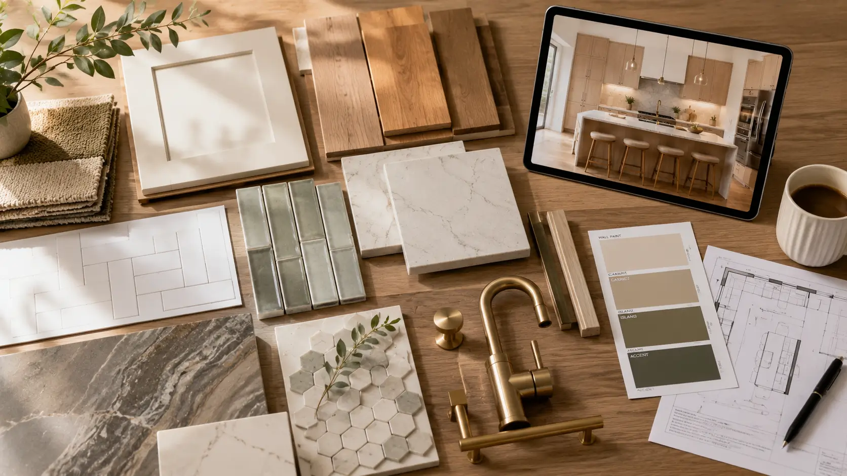 One-stop home remodeling material planning with flooring, cabinets, countertops, tile, fixtures, and coordinated design samples for a cohesive renovation project.