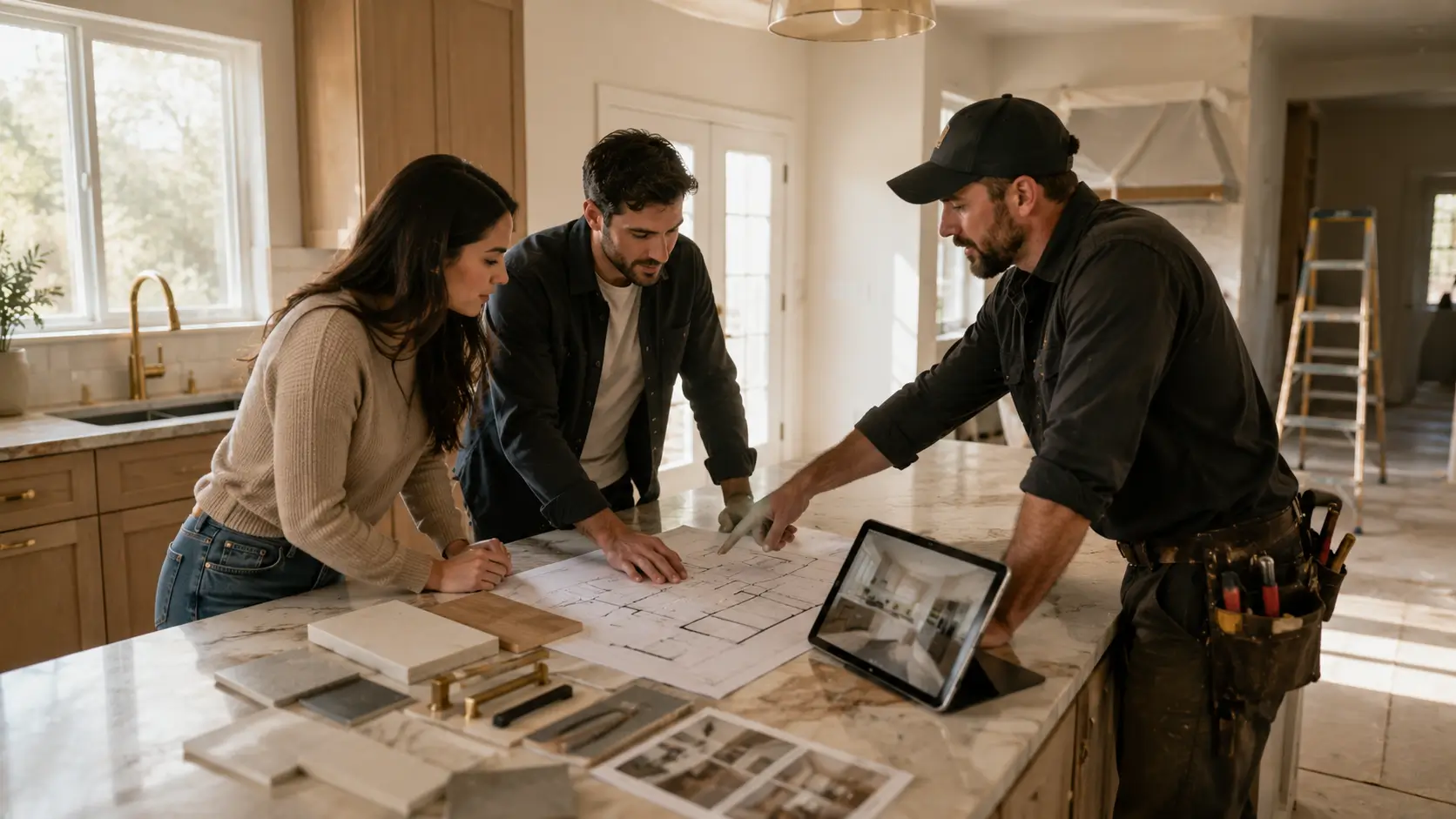 Homeowners and a remodeling contractor reviewing renovation plans, material samples, and project details before starting a home remodeling project.