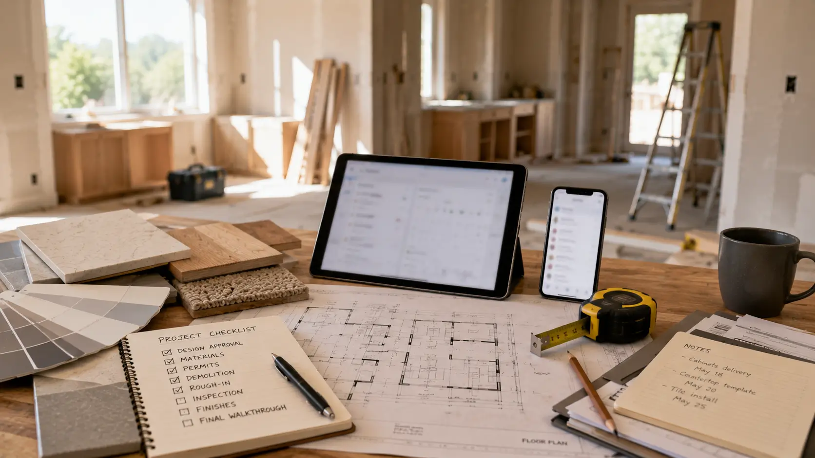 Home remodeling project management workspace with renovation plans, material samples, project checklist, and digital tools supporting construction planning and coordination.
