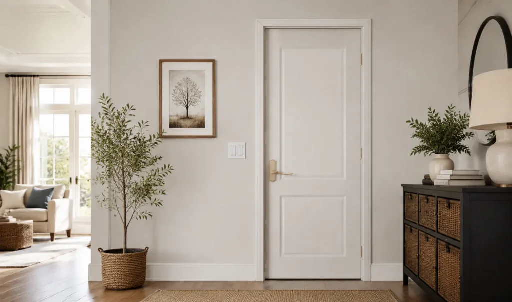 White paneled interior door with brass hardware in a bright residential hallway