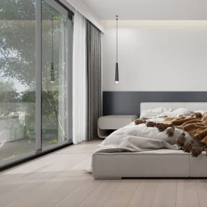 14mm European oak engineered wood flooring in a bright modern bedroom