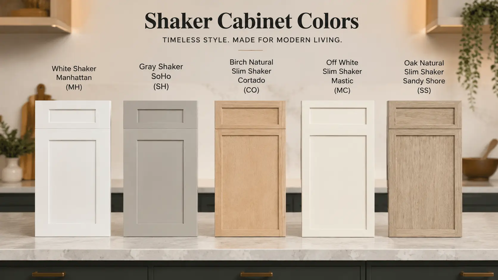 Comparison chart showing five shaker kitchen cabinet door styles and finishes, including White Shaker, Gray Shaker, Birch Natural Slim Shaker, Off-White Slim Shaker, and Oak Natural Slim Shaker, displayed side by side with realistic wood textures and modern cabinet profiles.