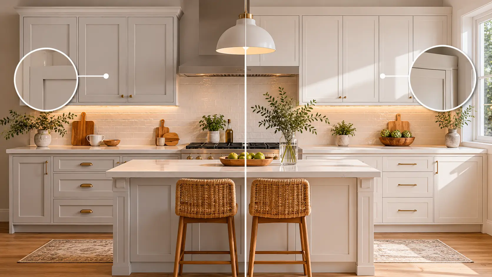 Side-by-side comparison of standard shaker and slim shaker kitchen cabinet doors in a modern American kitchen, showing wider classic shaker frames versus slimmer contemporary shaker profiles with recessed panel details.