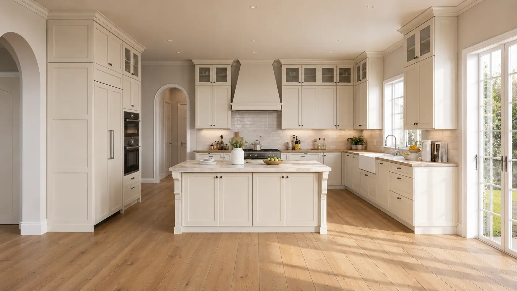 Modern shaker kitchen cabinets with warm wood flooring and natural light in an open American kitchen remodel
