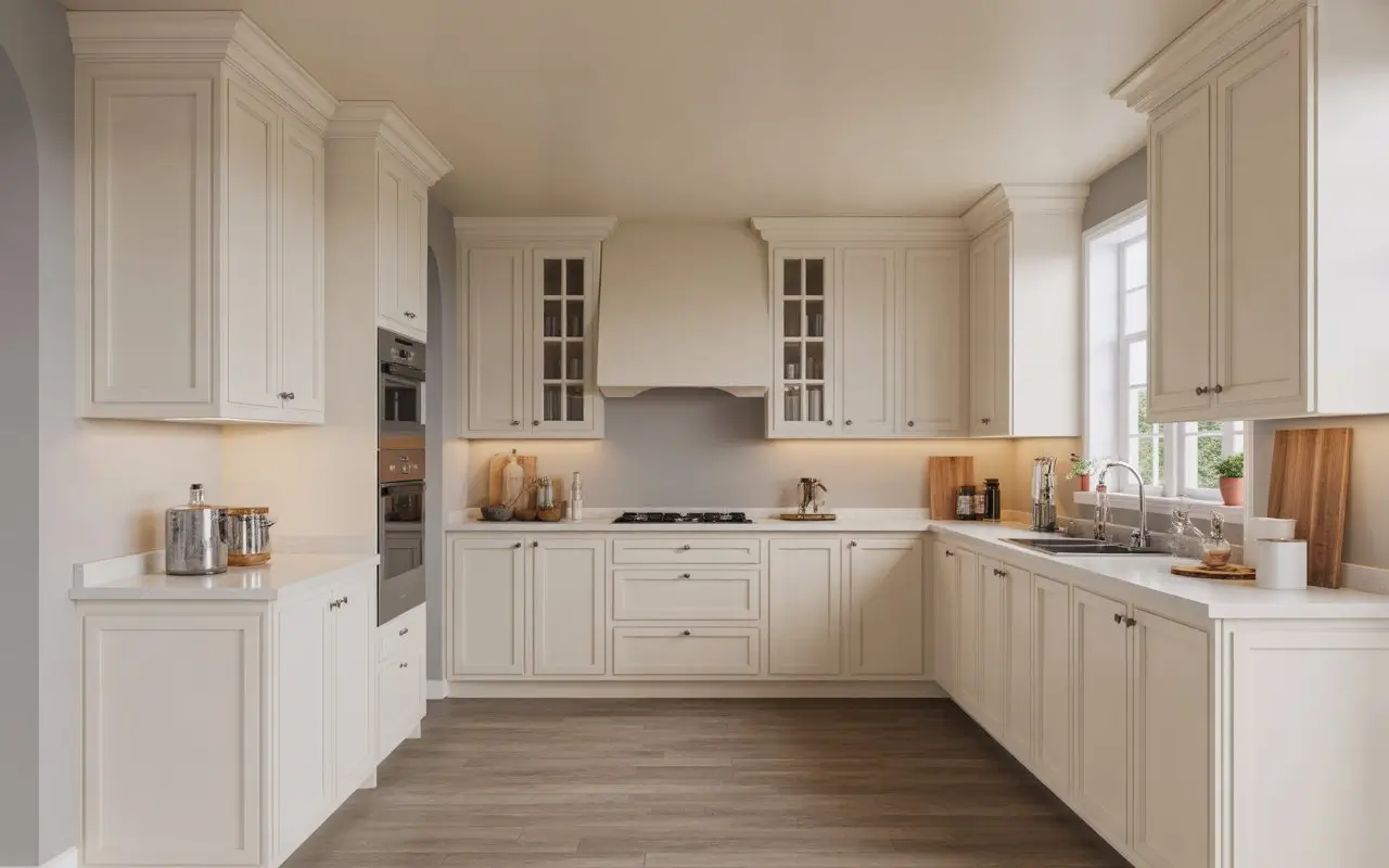 White shaker kitchen cabinets with recessed panel doors in a modern American kitchen remodel