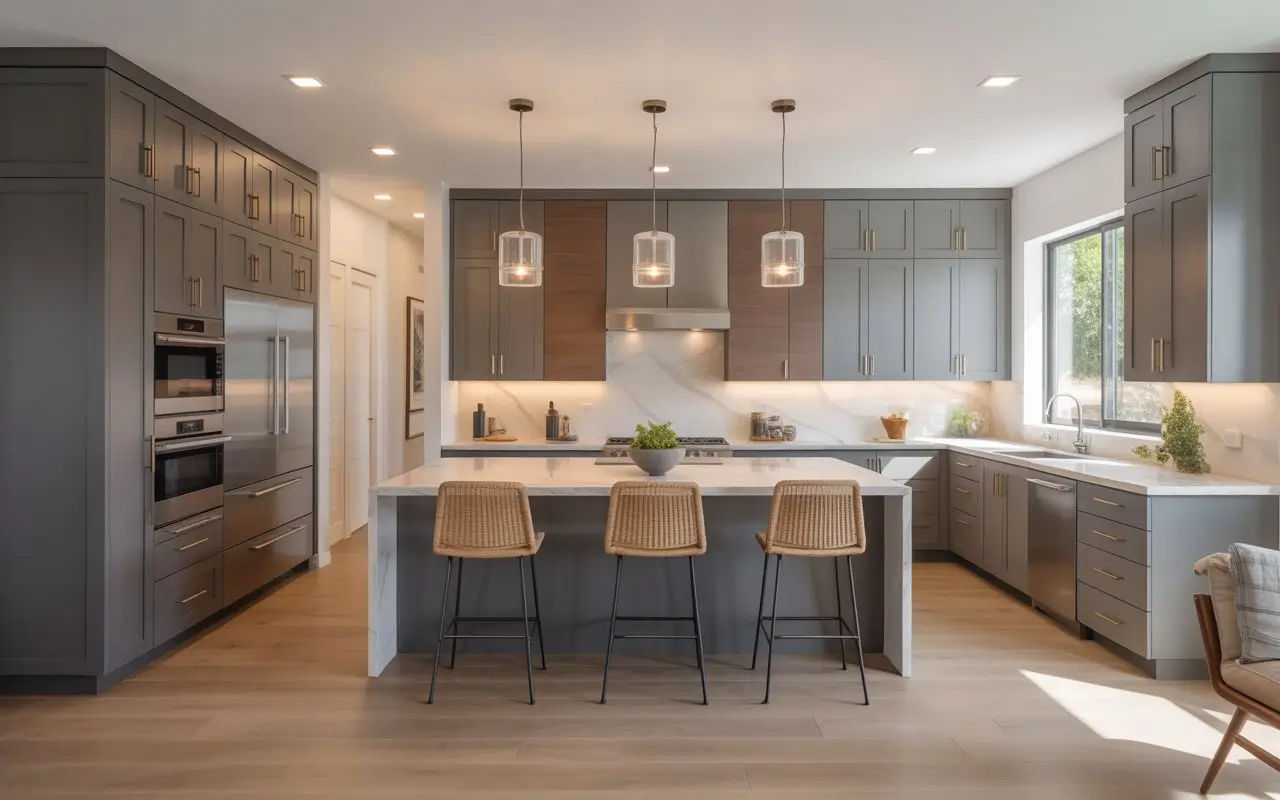 Gray shaker kitchen cabinets in a modern open-concept kitchen remodel with quartz countertops and warm wood flooring.