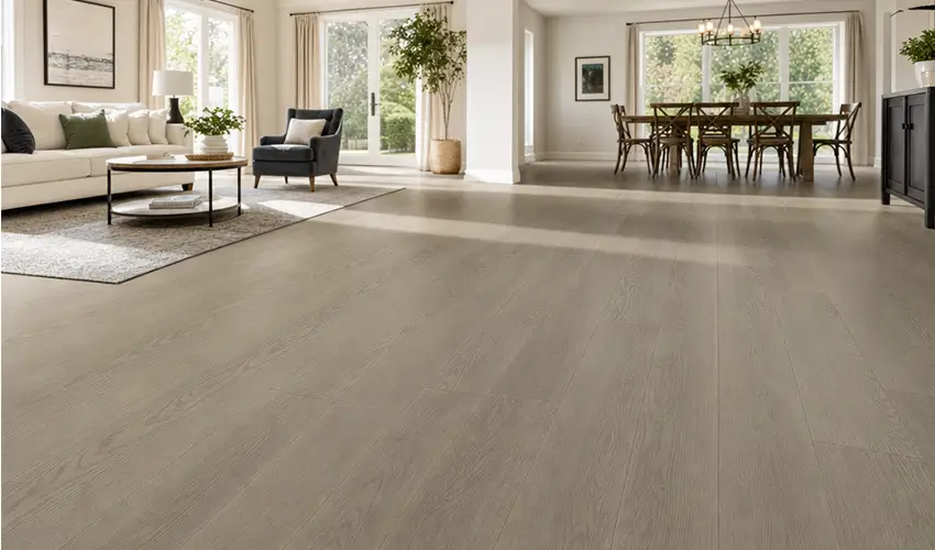 Gray wood-look laminate flooring in a bright living and dining area