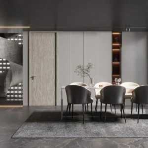 MWP921 light gray wood grain interior door in modern dining room