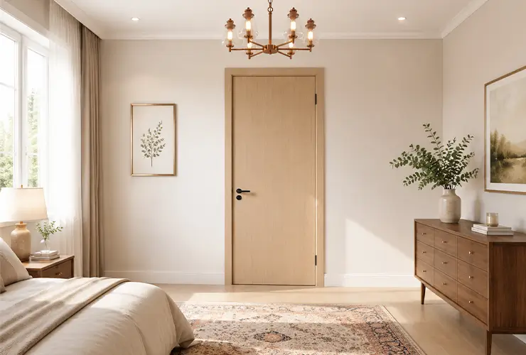 Natural wood interior door installed in a bright modern bedroom