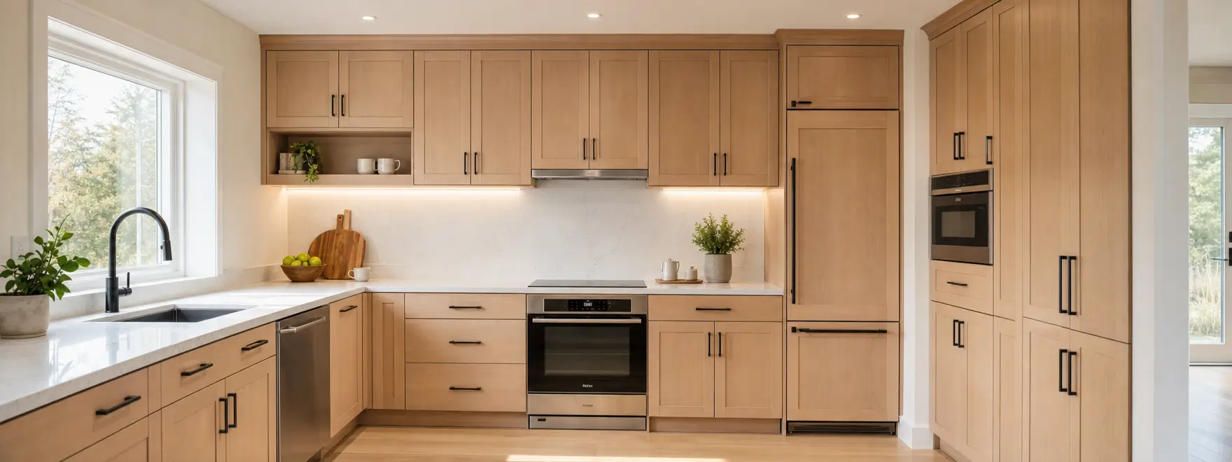 Modern kitchen with light wood cabinets, white countertops, and built-in appliances
