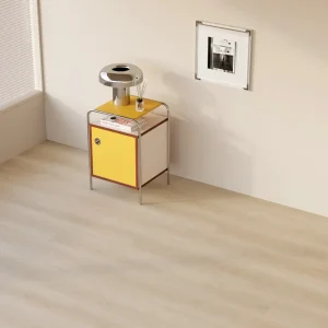 Light ivory 8mm SPC flooring in a minimalist room with a yellow side cabinet
